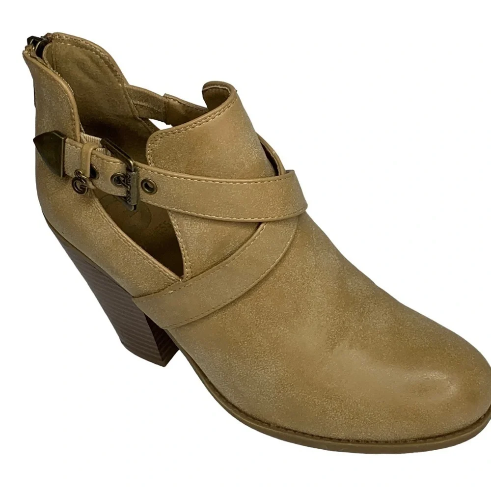 Guess Tan Ankle Boots 3” Block Heel Cut Outs on Sides Back Zippers New Size 7.5